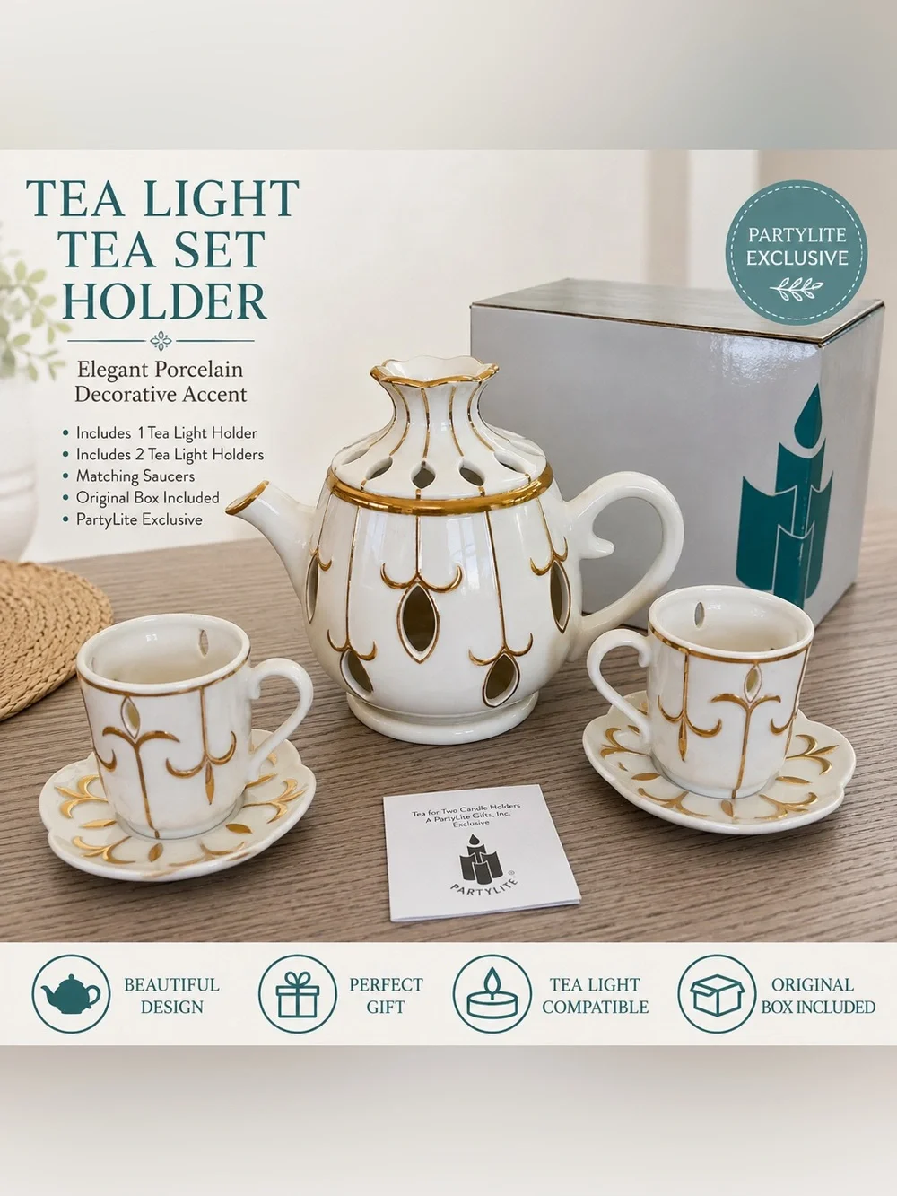 PartyLite “Tea for Two” Porcelain Tea Light Candle Holder Set w/ Original Box